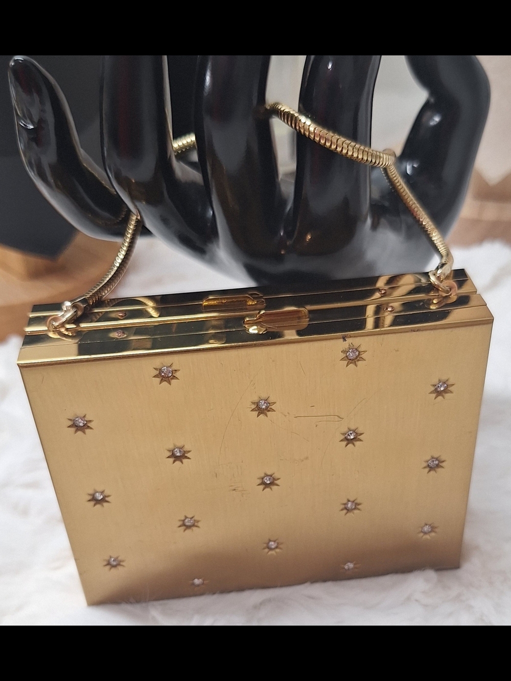 Gold Tone Starburst Rhinestone MCM Embellished Box Compact Clutch Mirror Handbag
